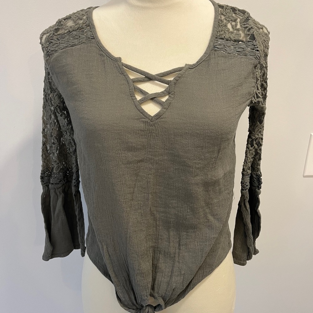 Women’s size small Mudd lacy olive green bell sleeves blouse cotton rayon tie